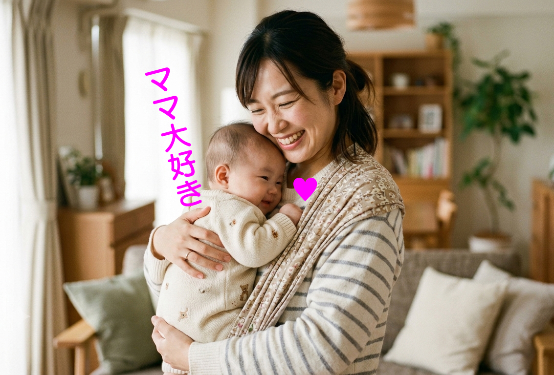 赤ちゃんを抱っこして幸せいっぱいのまママ